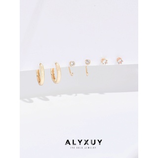 Alyxuy ต่างหูห่วง สเตนเลส 14K ชุบทอง 10 มม. ประดับเพทาย เรียบง่าย (ขาย 3 คู่)