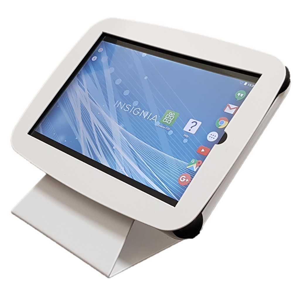 ฐานขาตั้งสีขาว ใส่จอไอแพด/แทบเล็ต 9.7"-10.5" ทุกรุ่น เคสโลหะนิรภัยยึดน๊อตใช้เป็นเครื่อง POS/Kiosk Un