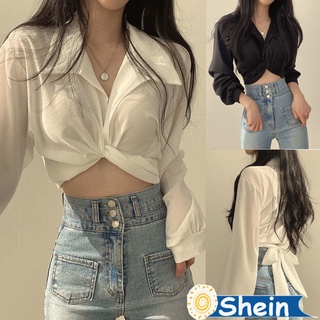 Shein🔥เสื้อครอปเเขนยาว เสื้อแขนพองผู้หญิง เซ็กซี่ รุ่นยอดฮิต ทรงคลาสสิค ผ้าไหมอิตาลีอย่างดี สีพื้น W201