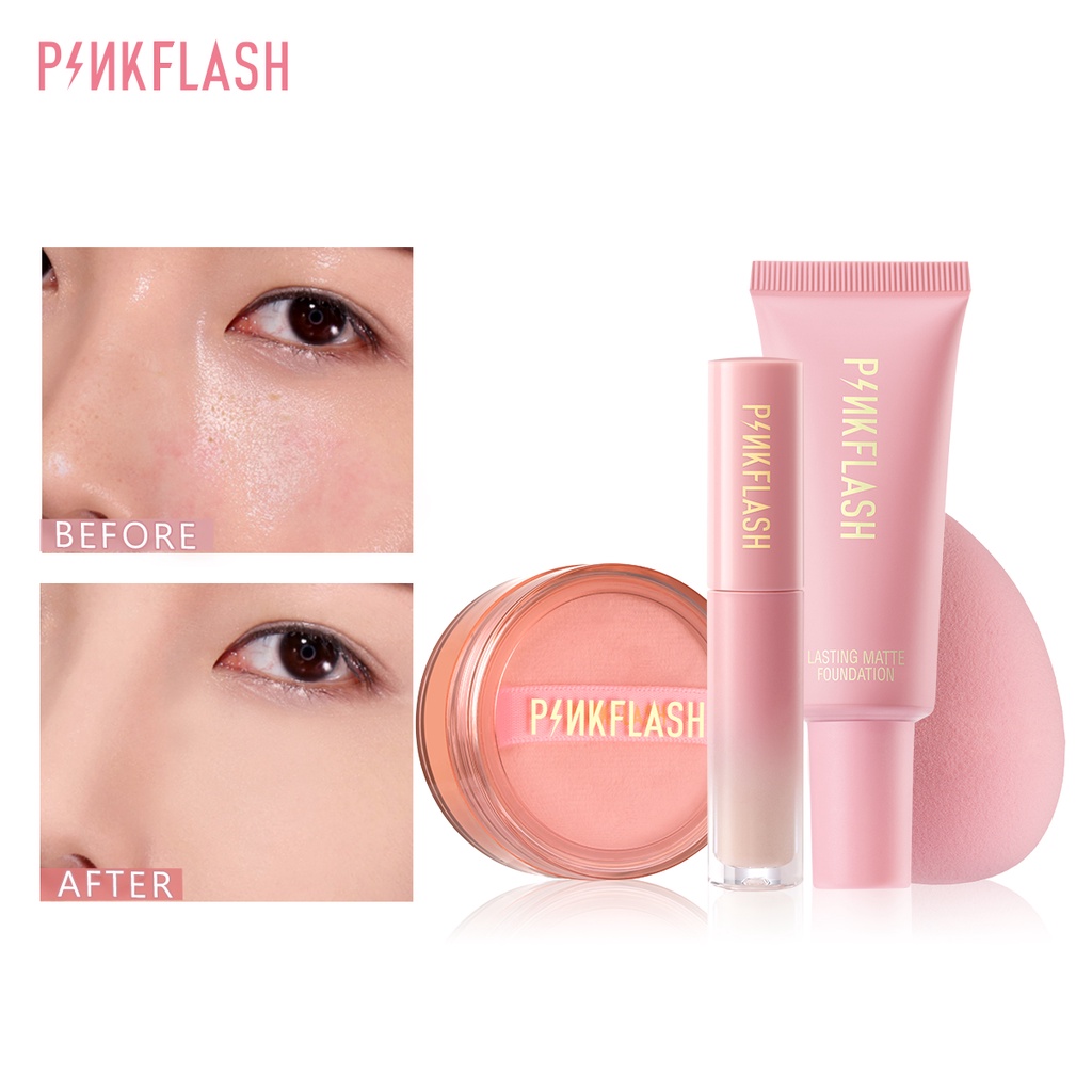 Pinkflash ชุดเครื่องสำอาง แป้งฝุ่น ควบคุมความมัน กันน้ำ ติดทนนาน 4 ชิ้น