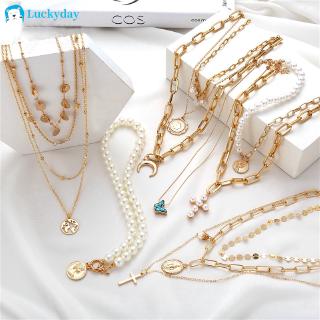 YEEZII Multilayer Gold Necklace Pearl Choker Cross Pendant Chain Women Vintage Accessories