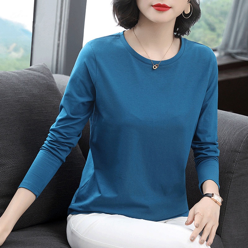 เจ็ดสีตัวเลือกเสื้อยืดแขนยาวผู้หญิงคอกลมสีทึบด้านบนฤดูใบไม้ผลิฤดูใบไม้ร่วงเวอร์ชั่นเกาหลีหลวมเสื้อยืดขนาดใหญ่-