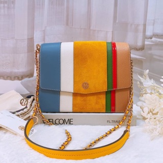 Tory Burch  ❣️Shop มีถุงผ้า  Robinson Convertible Balloon Stripe Leather Shoulder Bag ❣️8 ½"W x 6 ½"H x 5"D.