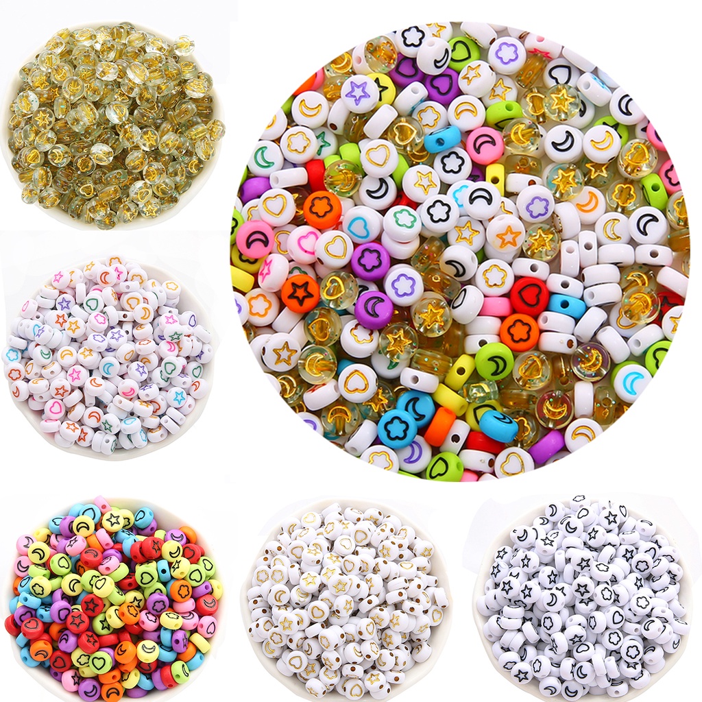 100Pcs 4x7mm Flat Round Mix Flower Star Moon Heart Spacer Acrylic Beads For Diy Jewelry Making Bracelet Earrings Supplies