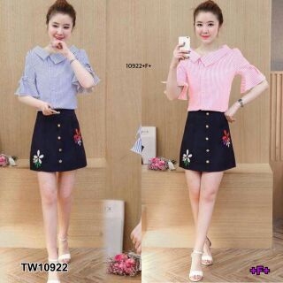 Set เสื้อติดกระดุมหน้าปกเฉียง แขนระบาย