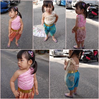 ชุดไทยเด็กสไบลูกไม้+โจงผ้าทอ มินิการะเกด สีชมพู/สีฟ้าครีม