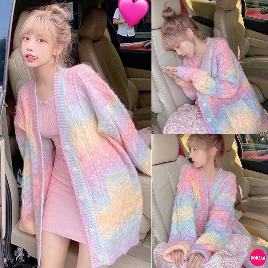 Korean Fashion เสื้อคาร์ดิแกนกันหนาวคอวีกระดุมหน้า สีเรนโบว์พาสเทล