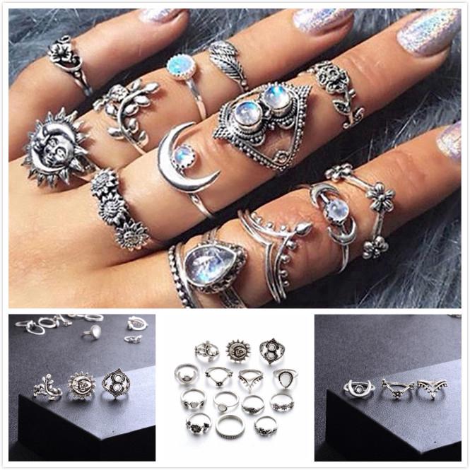 14 PCS/set Woman Retro Moon Sun Leaf Flower Opal Finger Ring Jewelry Set