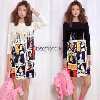 Minidress พิมพ์ลายแต่งพู่ๆ ช่วงอก