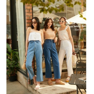 [โค้ด EQJPC4] Sis story กางเกงยีนส์ ขายาว ขาบาน เอวสูง แต่งฝากระเป๋า Sis 530 Woody flare jeans - Blue/Dark blue/White