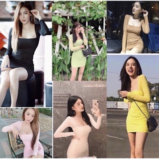เดรสมุ้งคอเหลี่ยมแขนยาว🔥สีเข้าเพิ่ม