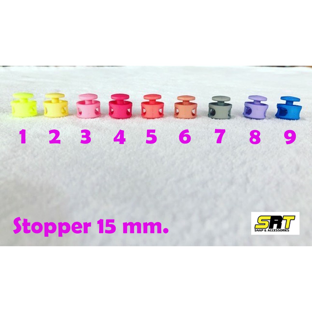 Stopper กลม ขนาด 1.5 cm  1 ชุด มี 10 เม็ด สีสวยน่ารักใช้งานง่าย ร้อยสายคล้องสะดวก มีมากกว่า 25 สี ราคาถูก สินค้าพร้อมส่ง