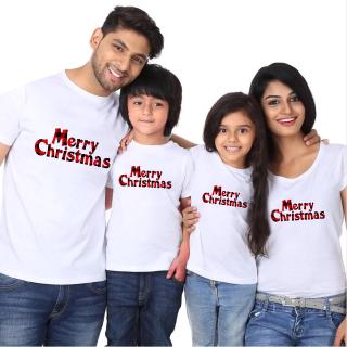 เสื้อยืดผ้าฝ้าย เสื้อยืดคริสต์มาสMerry Christmas Mommy Dad and Children Tshirt Christmas Party Clothes Family Matching C