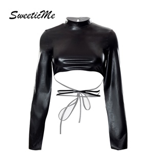 Sweeticme ใหม่ เสื้อยืดลําลอง แขนยาว คอกลม สีพื้น เซ็กซี่ แฟชั่นสําหรับสตรี 2022