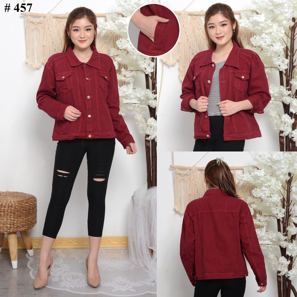 MERAH Asia Mode - Plain Maroon Red Jeans Jacket / Womens Dark Red Jeans Jacket