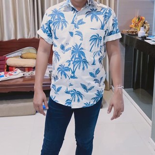 เสื้อเชิ้ต เชื้อเชิ้ตพิมลายอย่างดี เสื้อเชิ้ตผ้าลินิน ลายต้นมะพร้าวสีฟ้า
