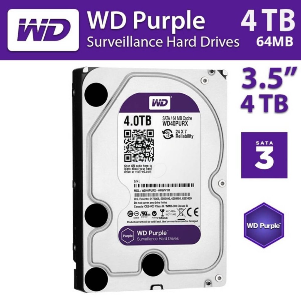 4TB HDD (ฮาร์ดดิสก์กล้องวงจรปิด) WD PURPLE 5400RPM SATA3 (WD42PURZ) (WD43PURZ) รับประกัน 3 - Y