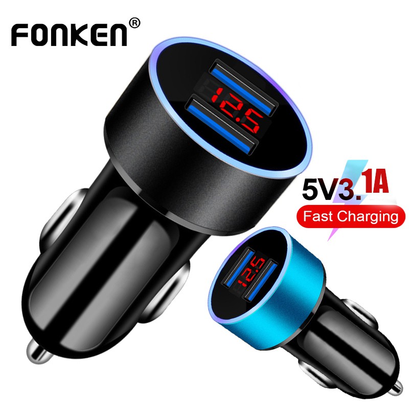 Fonken 3.1A 5V ที่ชาร์จในรถยนต์ Dual USB 2 พอร์ต พร้อมจอแสดงผล LED เครื่องชาร์จโทรศัพท์สากล ที่ชาร์จในรถ ชาร์จเร็ว