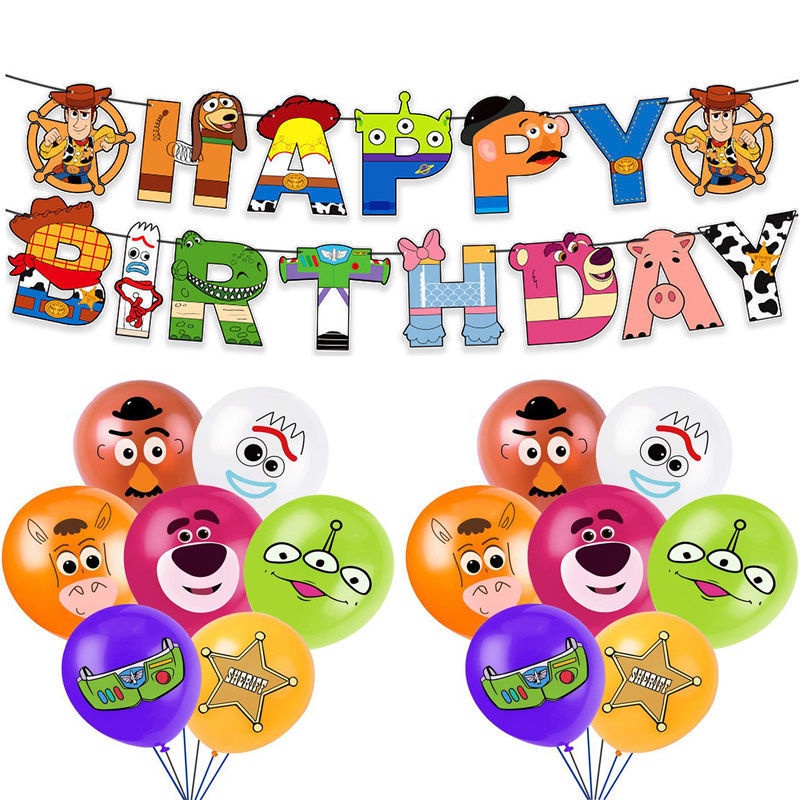 Toy Story Theme Party ชุดตกแต่งฉากหลังแบนเนอร์เค้ก Topper ลูกโป่งชุดเด็กเด็กวันเกิด Party Supplies