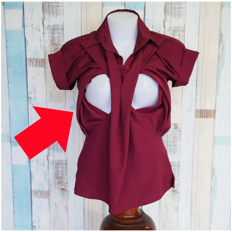 เสื้อให้นมแหวกข้างคอปกใส่เที่ยว ใส่ทำงานได้ ผ้าไม่ต้องรีดสบัดใส่ได้เลยประหยัดเวลาเร่งด่วนของคุณแม่