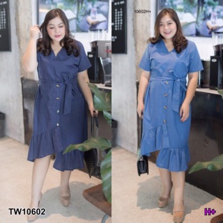 Dress #BigSize เดรสยีนส์คอวีมีเชือกผูกเอว TW10602