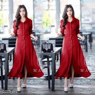 [ สีแดง ] Maxidress สีพื้น ใส่แหวกหน้า ชาวมุสลิมใส่ได้ค่ะงานเรียบร้อย ห้ามพลาด