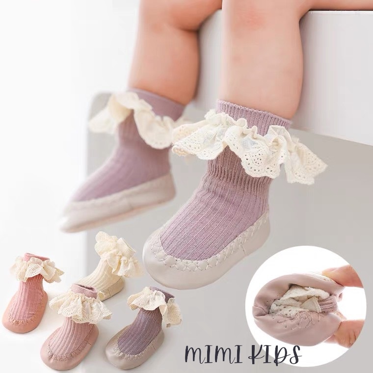 Mimi Kids T07 รองเท้าหัดเดินกันลื่นขอบลูกไม้