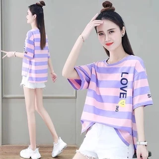 เสื้อยืดแฟชั่นผู้หญิงลายทางแขนสั้นคอกลม เนื้อผ้าดีใส่สบาย! New Fashion women's #HAN SY SOCIETY