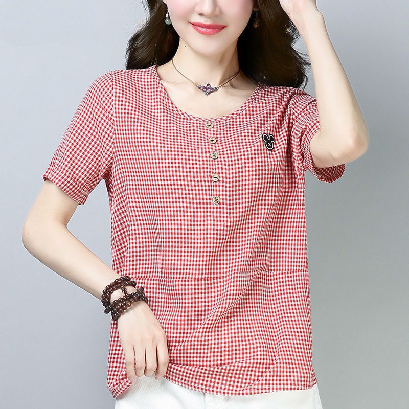 รุุ่่น-318 ลายสก๊อตเล็กเสื้อผู้หญิงฤดูร้อนแขนสั้น 2021 ใหม่ สไตล์เกาหลีรุ่นหลวมขนาดใหญ่เสื้อ bottoming