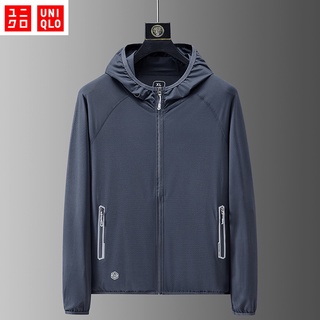 [M-4XL] Uniqlo UPF 50+ UV ป้องกันแสงแดดเสื้อผ้าผู้ชายซิปขึ้นมีฮู้ดแขนยาวตกปลาวิ่งเดินป่ากลางแจ้งวิ่งเสื้อแจ็กเก็ต