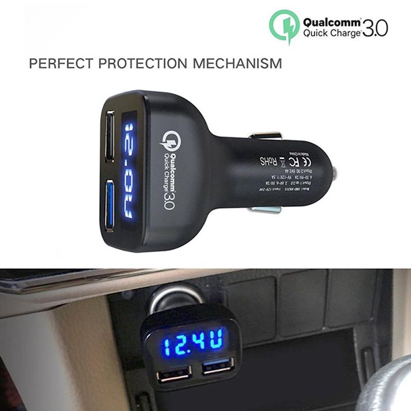 qc 3 . 0 2 - usb อุปกรณ์ชาร์จแบตในรถยนต์ led fast charger สําหรับโทรศัพท์มือถือแท็บเล็ต auto volt amp meter