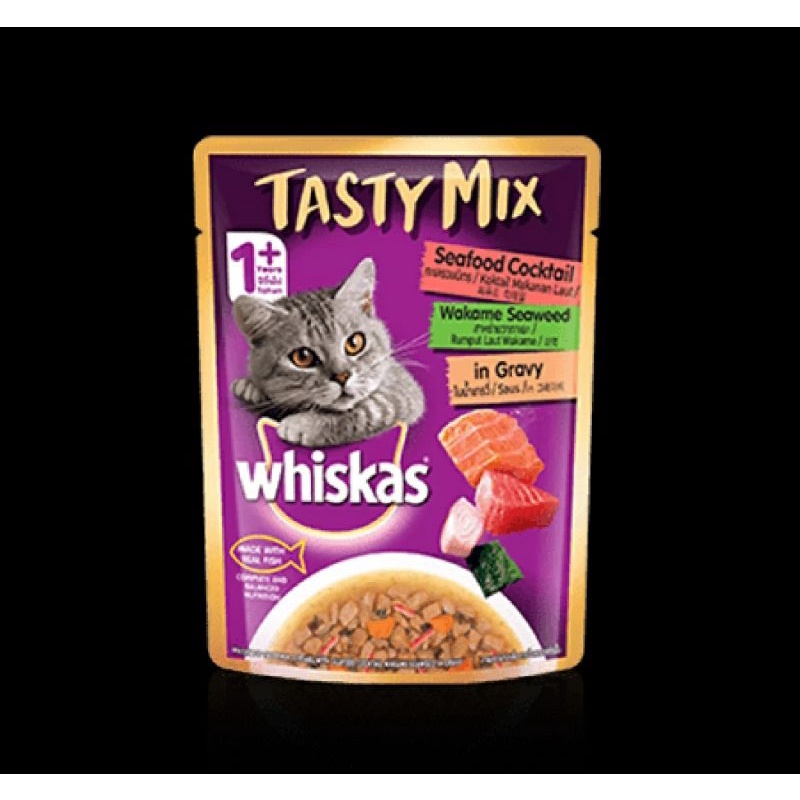 Whiskas วิสกัส tasty mix รสทะเลรวมมิตร สาหร่ายวากาเมะในน้ำเกรวี่