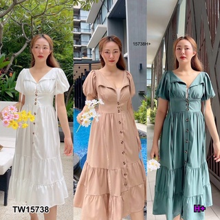 เดรสยาวแขนพอง กระดุมหน้าสีพื้น TT15738 puff sleeve long dress Button front, solid color