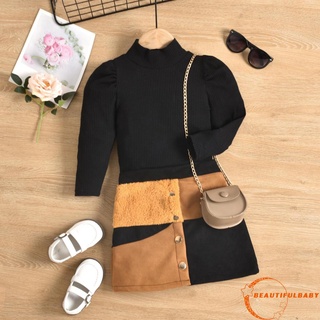 BღBღKids Baby Girl Clothes Solid Color Long Sleeve High-neck Knitted Sweater Tops Patchwork Button Skirt Set Autumn Outfit