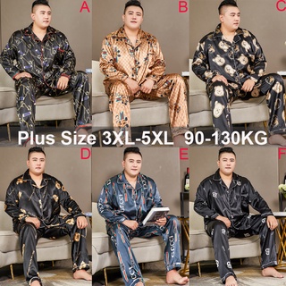 ชุดนอนผ้าไหมซาติน แขนยาว ทรงหลวม สไตล์เกาหลี พลัสไซซ์ 3XL-5XL แฟชั่นสําหรับผู้ชาย