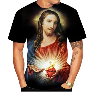 2021 เสื้อยืดแขนสั้นพิมพ์ลาย Jesus 3D เสื้อยืดกีฬาแฟชั่นผู้ชาย