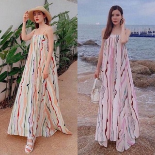 เดรส Maxi Dress ผ้าซาตินผ้ายาว ทรงพริ้ว ลายริ้ว