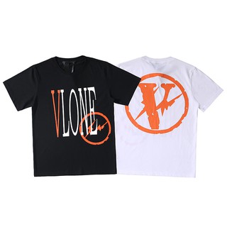 21ss เสื้อยืดแขนสั้นลําลอง คอวี ทรงหลวม ลายแบรนด์ Vlone Orange Lightning Big สไตล์ยุโรป และอเมริกา แฟชั่นสําหรับผู้ชาย และผู้หญิง