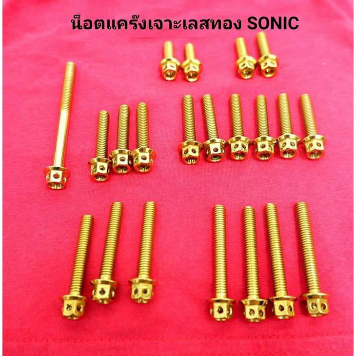 น้อตแคร้งสีทอง สำหรับ Sonic , Wave125เก่า , PCX , Wave110i , cbr150r อะไหล่แต่งรถ อะไหล่มอเตอร์ไซค์ 