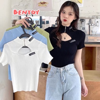 Bentoy(3555)เสื้อไหมพรมแขนสั้น คอเต่าแต่งซิปรุด ดีเทลโชว์หน้าอก