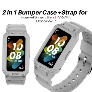 2 in 1 เคสกันชนหน้าจอ + สายคล้อง สําหรับ Huawei Band 7 6 เคสป้องกันหน้าจอเกราะ + สายรัดข้อมือ สําหรับ Huawei Fit Honor ES