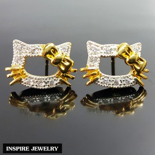 Inspire Jewelry ,ต่างหูแมว ฝังเพชร ตัวเรือนหุ้มทองแท้ 24K สวยหรู พร้อมถุงกำมะหยี่