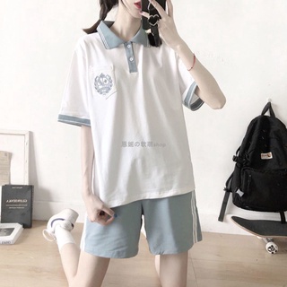 Summer college style uniform cotton New polo collar short sleeve plus shorts student casual loose outfit Womens T-shirt