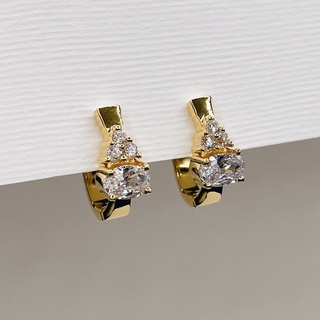 Vintage Style Art Deco Huggies, 18K Gold Plated Sterling Silver Earrings E0109 | เงินแท้ 925 ชุบทองเเท้ 18 กะรัต