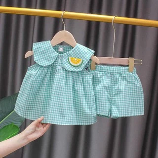 Babyonline (Y133)I2 (ส่งด่วน1วัน)ชุดเซ็ต2ชิ้นเสื้อกางเกงขาสั้นสำหรับเด็กผู้หญิงลายสก็อต ผ้าฝ้าย