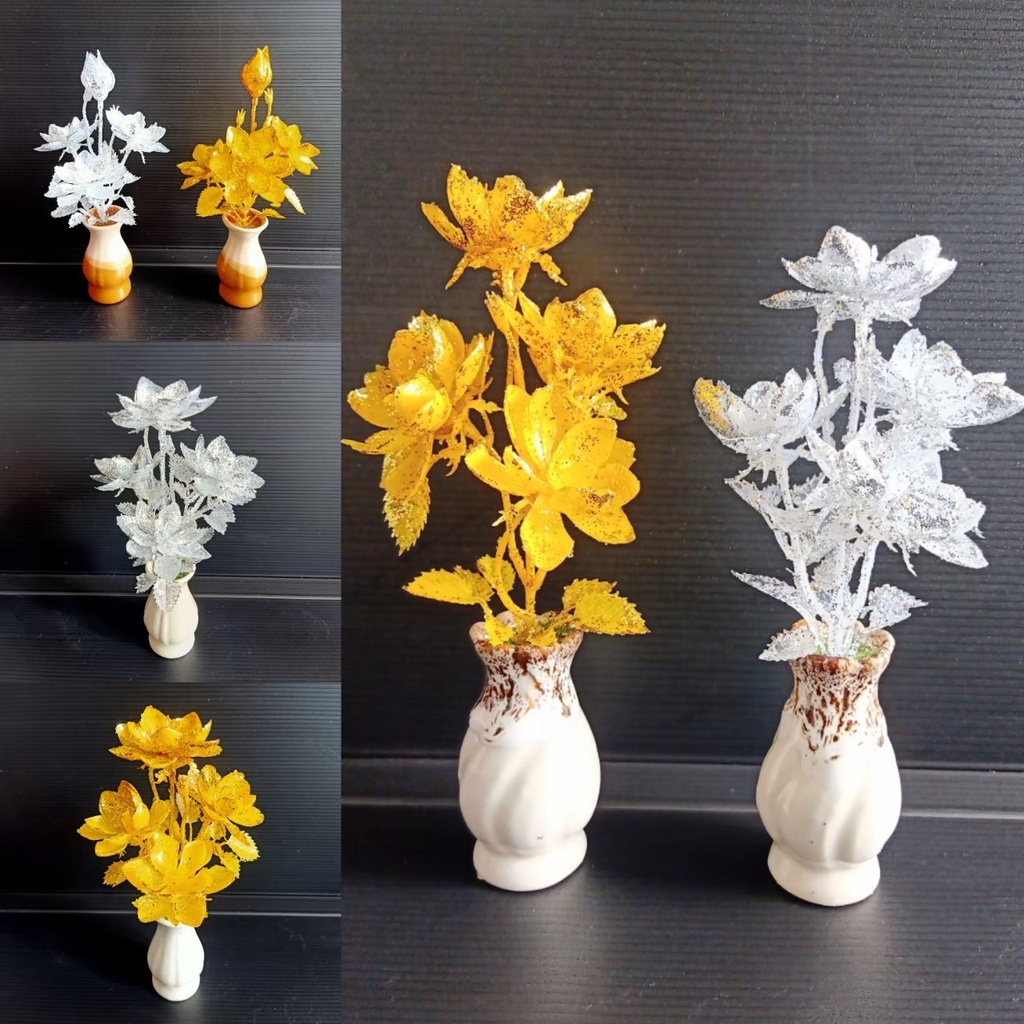 ดอกไม้ไหว้พระ แจกันดอกไม้ ถวายพระหรือสิ่งสักสิทธิ์ ดอกบัวสีเงินและสีทอง สูง23 เซนรวมแจกัน(แจกันคละสี) พร้อมส่ง