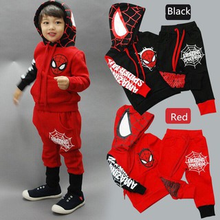 เด็ก Spiderman เสื้อแขนยาว Hooded Overcoat Jacket เสื้อ 2 ชิ้น + กางเกงขายาว Outerwear