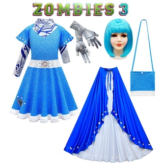 Zombies Kids Cosplay Costume Girls Dress Cloak Wig Bag Halloween Outfit Gift