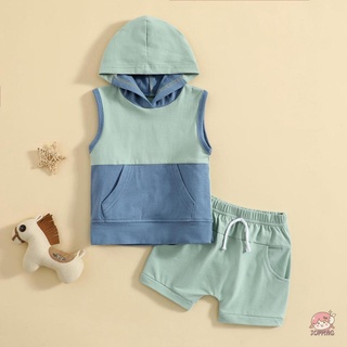 JOP-Baby Boy Clothes Suits, Contrast Color Patchwork Pocket Sleeveless Hooded Tank Tops Elastic Waist Shorts