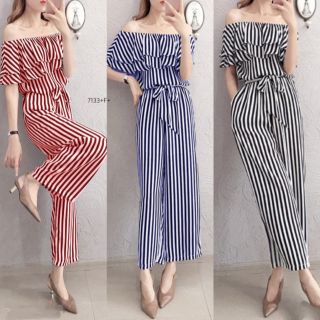 Jumpsuit ระบายอก ลายริ้ว ขายาว พร้อมส่ง จั๊มสูทจั้มสูท